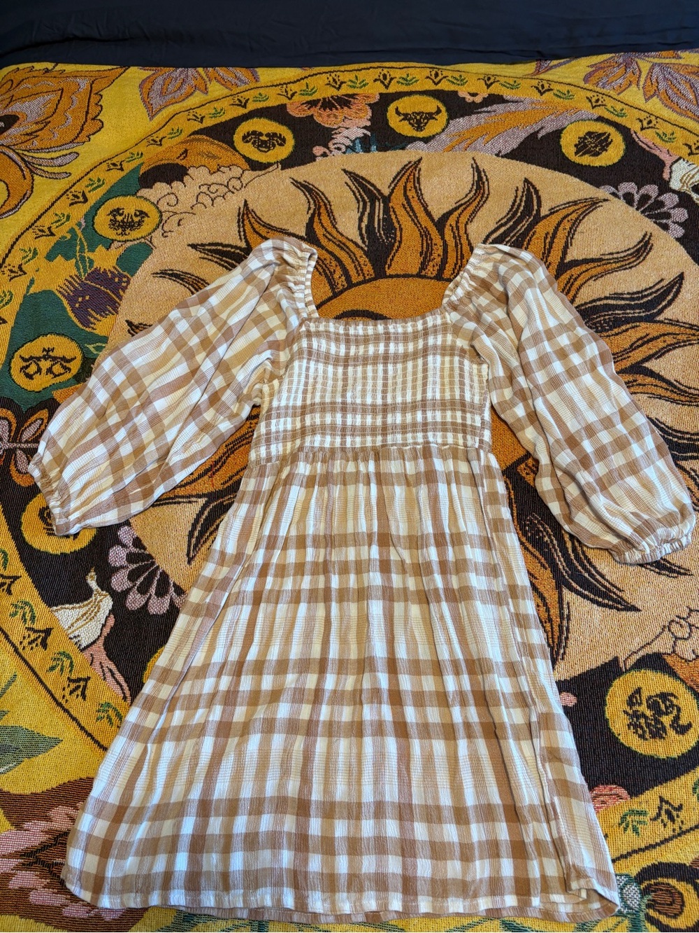Billabong Cream and Beige Plaid Smocked Puff-Sleeve Midi Dress